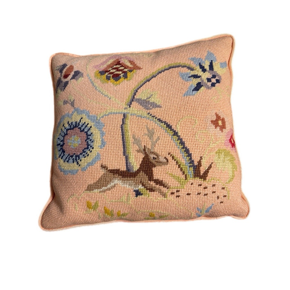 Vintage Floral Stag Peach Pillow Cross-stitch Cottagecore Heritage Decor Style - Picture 5 of 8
